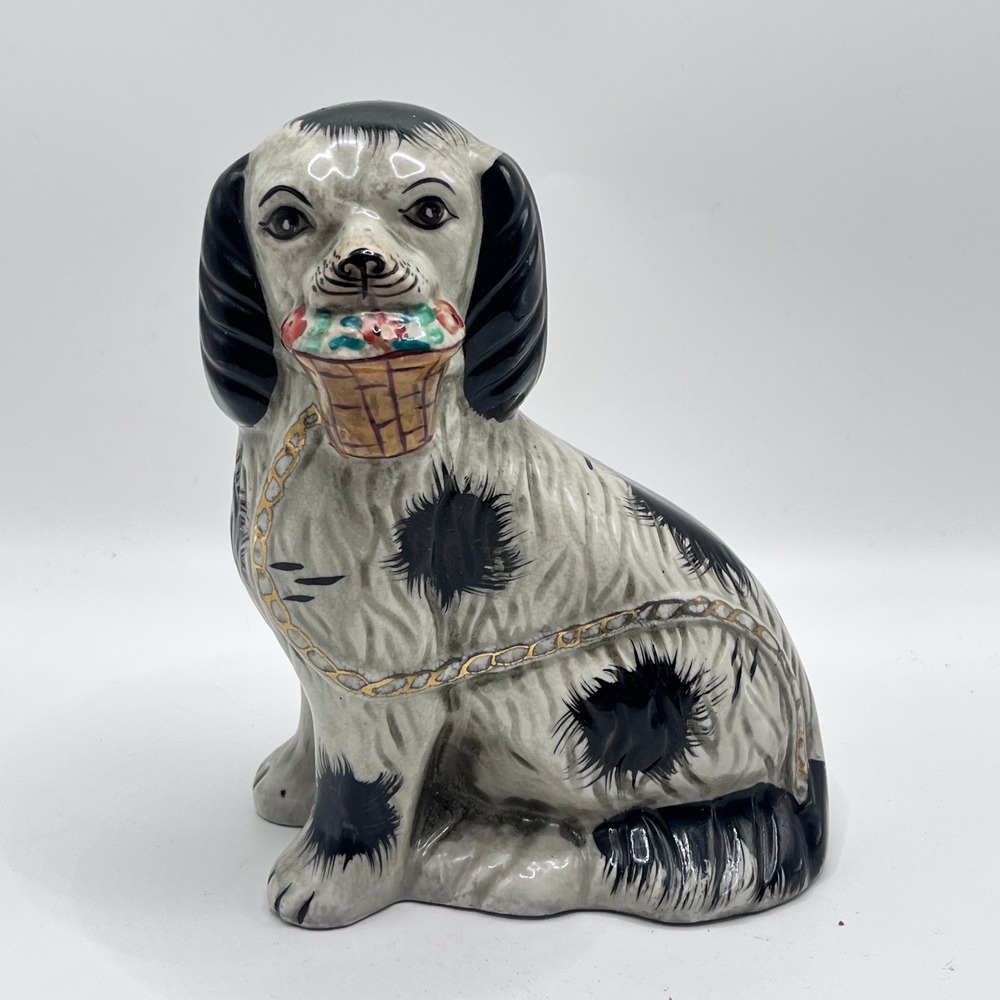 Vintage Ceramic Staffordshire Style Spaniel Dog Figurine with Flower Basket 7.5"
